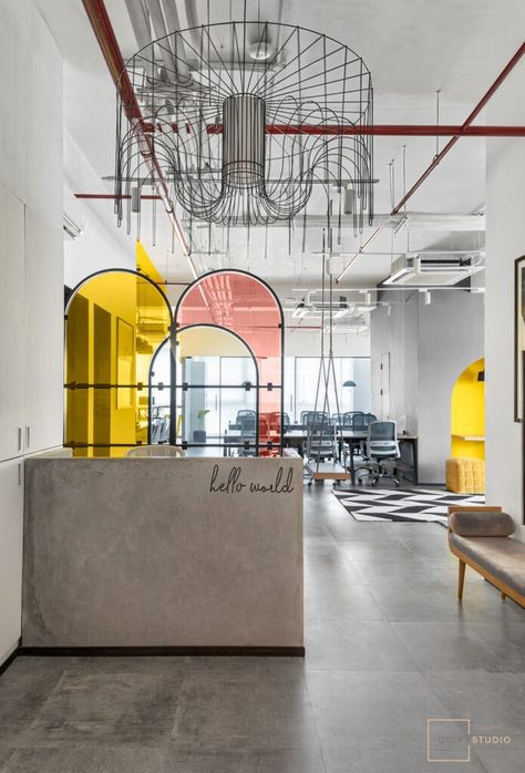 Industrial Interior Theme with Balanced Color Pops : The Expand Loft | Quirk Studio - The Architects Diary Reception Area Design, Small Seating Area, Office Paint, Open Space Office, Aesthetic Space, Event Management Company, Black And White Artwork, Reception Design, Neutral Interiors