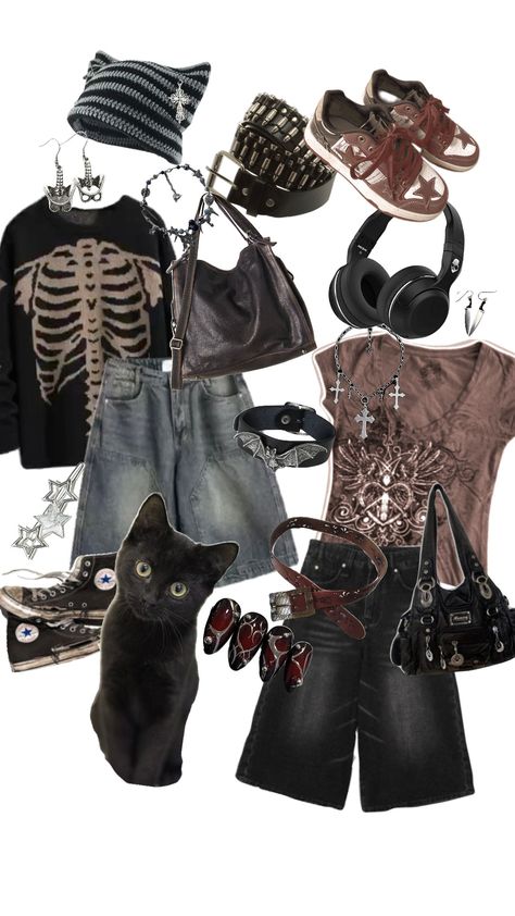 Grunge Headphones, Skeleton Tshirt, Outfit Grunge, Gothic Nails, Grunge Outfit, Outfit Collage, Bag Belt, Ideas Nails, Cat Hat