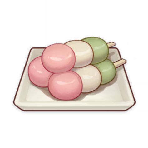 Dango Genshin, Tricolor Dango, Genshin Food, Japanese Food Illustration, Falling Flowers, Food Artwork, Food Png, Food Illustration Art, Cute Food Drawings