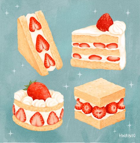 Strawberry Desserts Drawing, British Dessert Recipes, Desserts Drawing, Food Art Painting, British Desserts, Cake Drawing, 귀여운 음식 그림, Cake Illustration, Food Illustration Art