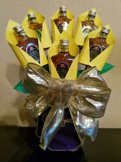 Crown Royal Basket Ideas, Crown Royal Gift Ideas, Crown Royal Gift Basket Ideas, Alcohol Baskets Ideas, Men's Bouquet, Liquor Baskets, Alcohol Basket, Booze Bouquet, Royal Bouquet