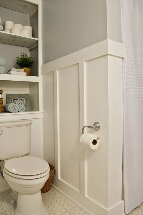 724 South House | Board and Batten | Bathroom Shelves Bathroom Wainscoting Ideas, Cabinet Above Toilet, Small Bathroom Redo, Bathroom Wainscoting, Bathroom Renovation Diy, Lavatory Design, Guest Bathroom Renovation, Bathroom Cupboards, Wainscoting Bathroom