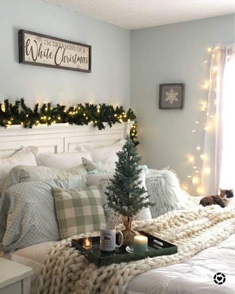 How many of you decorate bedrooms for Christmas too? A few twinkle lights and garland, chunky knit throw and a Christmas pillow is all you need!  .  Shop my daily looks by following me on the LIKEtoKNOW.it app @liketoknow.it.home or go to 👉🏻 http://liketk.it/2ycl1 #liketkit #LTKhome @liketoknow.it Cozy White Cottage, Winter Bedroom, Scandinavian Christmas Decorations, Christmas Decoration Ideas, Modern Cozy Living Room, Christmas Decorations Bedroom, Christmas Room Decor, Christmas Bedroom, Cozy Farmhouse