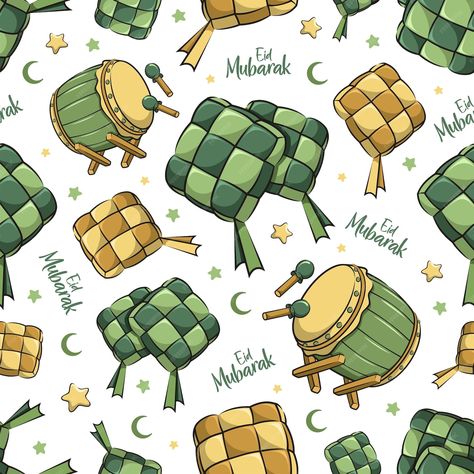 Premium Vector | Seamless pattern cute ketupat rice cake with bedug moslem drum, eid mubarak. cartoon illustration Biskut Raya Illustration, Ketupat Cartoon, Ketupat Illustration, Eid Mubarak Cartoon, Amplop Design, Kad Hari Raya, Hari Raya Greeting, Kad Raya, Font Canva Lettering