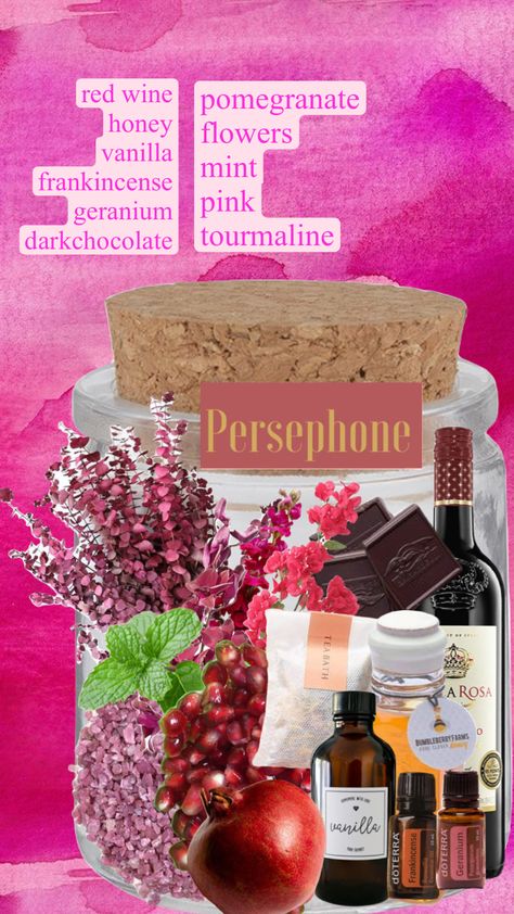 #persephone #aesthetic #deity #witch #witchaesthetic #spells #spelljar #pink #fruit #howto Persephone Spell Jar, Working With Persephone, Persephone Alter, Persephone Aesthetic, Pagan Aesthetic, Alter Ideas, Pink Witch, Pink Geranium, Spell Jars