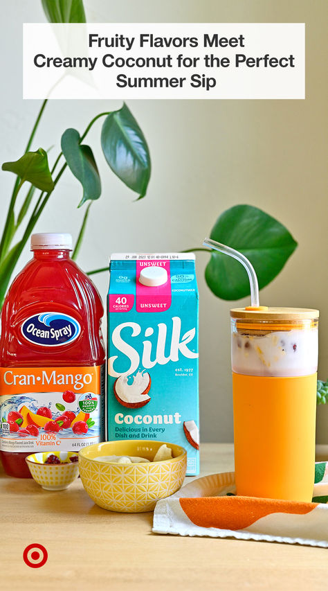 Mix up a fruity, refreshing drink, right at home. Make Mango Coconut beverages with Silk Unsweet Coconut Milk, Ocean Spray Cranberry Mango, Ocean Spray Reduced Sugar Craisins & Freeze Dried Mango Slices from Good & Gather. Available at Target. Asian Salad Recipe, Mango Slices, Ocean Spray Cranberry, Vegan Soul Food, Mango Drinks, Coffee Protein Shake, Dried Mango, Loaded Teas, Protein Shake Smoothie