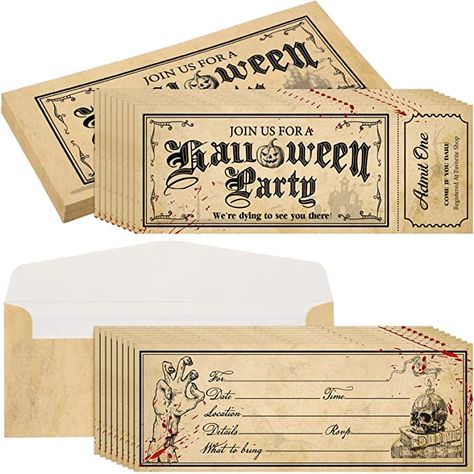 Amazon.com : 50 Pieces Halloween Party Invitations Ticket Scary Halloween Party Invitations with Envelopes Halloween Birthday Invitations Card Spooky Themed Fill in Blank Invites for Kid Adult Party Baby Shower : Home & Kitchen Scary Halloween Party Invitations, Scary Halloween Invitations, Halloween Invitation Card, Halloween Theme Party, Halloween Birthday Invitations, Scary Halloween Party, Halloween Dinner, Vintage Invitations, Halloween Party Themes