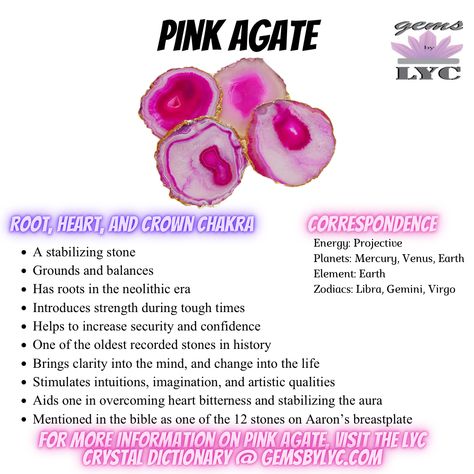 For more information and affirmations on Pink Agate, please click the link! Pink Healing Crystals, Pink Agate Crystal Meaning, Pink Stones And Crystals, Pink Agate Meaning, Learning Crystals, Crystals Healing Grids, Agate Properties, Crystal Healing Chart, Agate Meaning