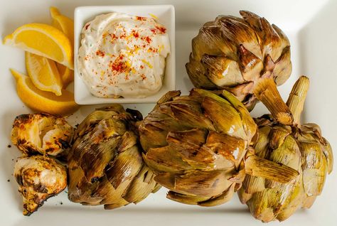 Smoked Artichoke, Summer Suppers, Lemon Dip, Grilled Lobster Tail, Roasted Garlic Aioli, Grilled Artichoke, Grilled Lobster, Artichoke Recipes, Garlic Aioli