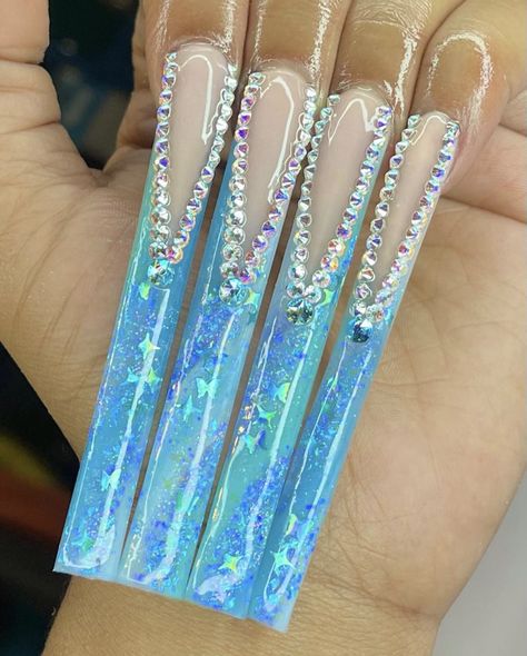 Long Square Acrylic Nails Royal Blue, Pisces Nails Acrylic Long, Blue Long Acrylic Nails With Diamonds, Blue Tapered Square Nails Long, Bad Nails, Long Nails Long Lashes Meme, Long Square Nails, Nail Salon Design, Shiny Nails