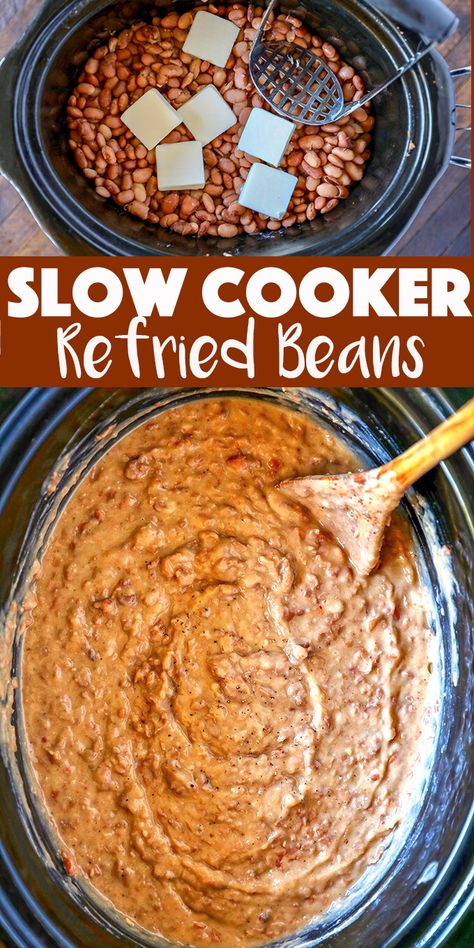 This is the easiest and best Refried Beans Recipe!  Cook and mash them right in your slow cooker, you won't go back to canned refried beans! Homemade Refried Beans Crockpot, Restaurant Style Refried Beans Recipe, Refried Beans Slow Cooker, Best Refried Beans Recipe, Slow Cooker Refried Beans, Crockpot Refried Beans, Make Refried Beans, Beans In Crockpot, Homemade Refried Beans