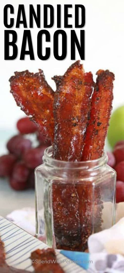 This easy candied bacon recipe is a sweet and savory treat. Made with just 3 ingredients it is quick to prepare and makes for a great appetizer, snack, or even breakfast side!  #spendwithpennies #candiedbacon #baconrecipe #ovenbaked #appetizer #breakfast #dessert Candied Bacon Recipe, Pastas Recipes, Bacon Appetizers, Bacon Recipe, Meat Appetizers, Candied Bacon, Kevin Bacon, Recipe Community, Bacon Recipes