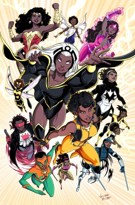 Black Superheroines (Commission)Nubia, Darla (Marvel Family), Star Sapphire (Fatality), Bumblebee, Storm, Spectrum, Crimson Avenger, Ladyhawk, Empress, Vixen, Silhouette, Lightning and Thunder. (No... Crimson Avenger, Marvel Family, Cosmic Universe, Black Comics, Arte Dc Comics, Black Cartoon Characters, Bd Comics, Pahlawan Super, Black Characters