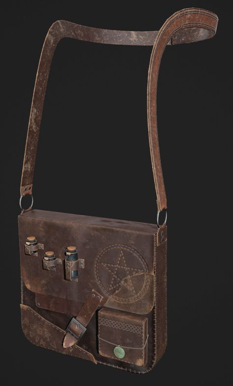 Steampunk Messenger Bag, Magic Bag Fantasy Art, Fantasy Bag Concept Art, Fantasy Satchel, Alchemist Outfit, Adventurer Bag, Fantasy Bags, Medieval Tools, Medieval Bags