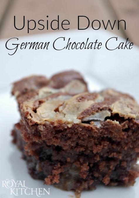 Upside Down German Chocolate Cake Recipe, Cake Mix Upgrade, Upside Down German Chocolate Cake, German Chocolate Cake Recipe, Dessert Hacks, Royal Kitchen, Festival Foods, German Chocolate Cake Mix, Pumpkin Crunch