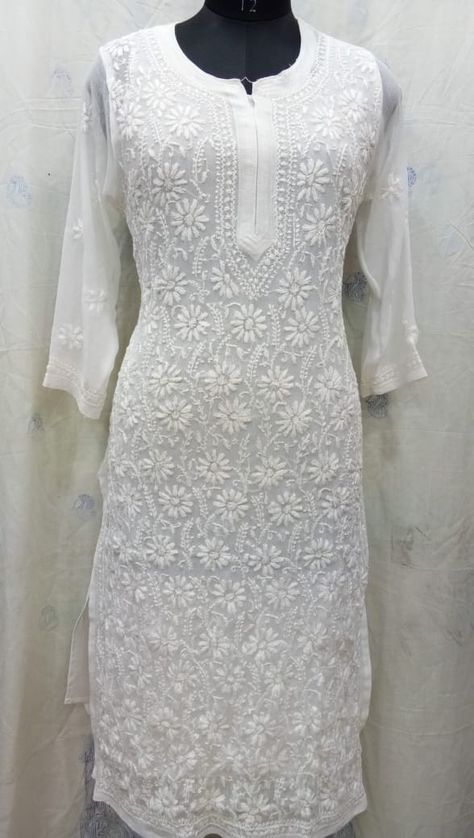 Divine white in Chikankari White Chikankari Kurti Designs Latest, Cotton Chikankari Kurti Designs Latest, White Chikenwork Kurti, White Chickenkari Kurti Designs, Chickenkari Kurti Designs Latest, Chikenwork Kurti Design, Chikankari Kurti Designs Latest, Haldi Suit, Chickenkari Kurti