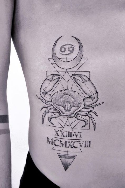 Cancerian Tattoo For Man, Cancerian Tattoo Zodiac Signs, Tattoo Men Meaningful, Cancerian Tattoo Moonchild, Cancerian Tattoo, Tattoo Men Arm, Indian Feather Tattoos, Crab Tattoo, Horoscope Tattoos