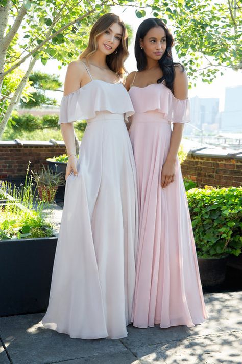 Style 5854  Hayley Paige Occasions bridesmaids dress - Dusty Rose chiffon A-line gown, chiffon overlay on bodice with cold shoulder sleeve, natural waist with circular skirt. Arriving in stores Summer 2018 Off Shoulder Bridesmaid Dress, Dusty Rose Bridesmaid Dresses, Designer Bridesmaid Dresses, Hayley Paige, Dusty Rose Dress, Pink Bridesmaid Dresses, Cheap Bridesmaid Dresses, Pretty Prom Dresses, Long Sleeve Wedding