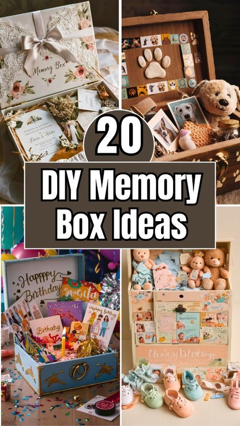 Dive into crafting your own DIY Memory Box with our easy-to-follow guide. Perfect for preserving precious moments, this tutorial will show you how to turn simple items into a timeless treasure. Start your sentimental journey today and keep your cherished memories alive forever! Momento Box Ideas, Keep Sake Boxes, Children Memory Box Ideas, Memory Projects Ideas, Memory Boxes For Kids, Memory Box Ideas Diy Boyfriend, Kids Memory Box Ideas, Memory Keepsake Ideas, Memory Box Ideas Diy Paint