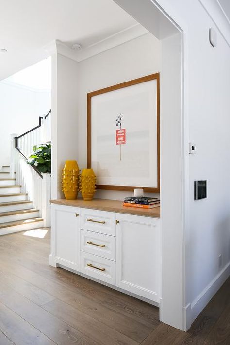 Foyer Nook with Built In Cabinetry and Butcher Block Top - Transitional - Entrance/foyer Built In Entry Cabinet, Entryway Built In Cabinet, Foyer Cabinet Design, Corner Entryway Ideas, Foyer Nook, Hallway Nook Ideas, Reading Nook Window Seat, Reading Nook Window, Yellow Vases