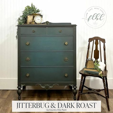 SWIPE to see the before photo! >> Faye masterfully created the illusion of peering down into a deep, dark ocean with this gorgeous paint blend. She combined "Jitterbug" (deep teal) and "Dark Roast" (espresso brown) to create this look. Have you ever tried blending with paint? Tell us in the comments! Shop these paint colors via the link in our bio. Project by @myfarmlifebestlife . . . . . . . . . . #ccp #countrychicpaint #ccpjitterbug #furnitureflip #paintedfurniture #chalkpaint #furnitur... Chalk Paint Green, Bio Project, Dark Ocean, Green Dresser, Country Chic Paint, Chalk Paint Colors, Jitterbug, Tall Dresser, Diy Dresser