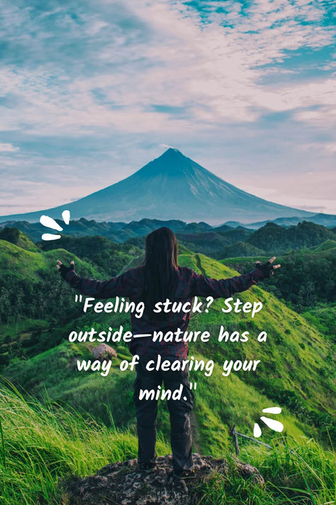 A person stands with arms outstretched facing a stunning mountain surrounded by vibrant green landscape, embodying the essence of finding peace in nature. Peace In Nature, Camping Quotes, Power Of Nature, Finding Inner Peace, Clear Your Mind, Peaceful Life, Find Peace, Feeling Stuck, Finding Peace