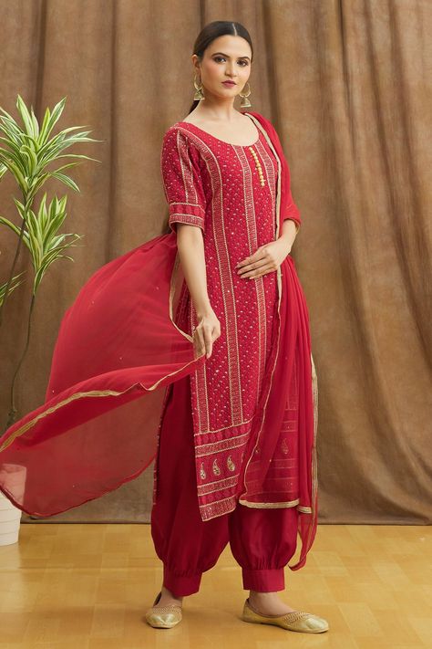 Georgette Palazzo, Mega Mart, Red Kurta, Pakistani Suits Online, Salwar Designs, Palazzo Suit, Nursing Mother, Pakistani Suits, Georgette Fabric