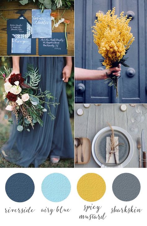 Dusty Blue Navy And Yellow Wedding, January Wedding Inspiration, Sunflower Wedding Theme Color Schemes, Sunflowers Bridesmaids, Wedding Redo, Top Wedding Colors, Mustard Wedding, Pantone Fall, Yellow Wedding Theme