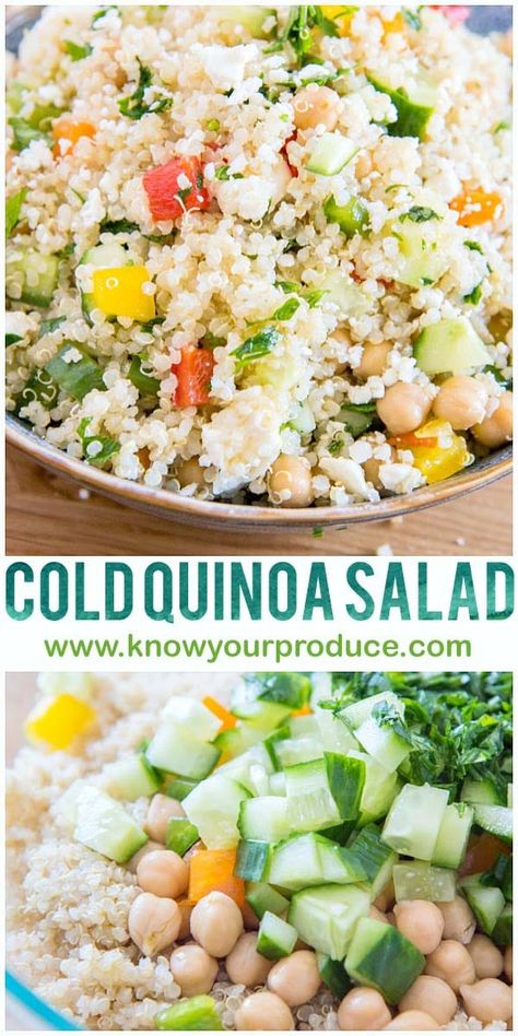 Cold quinoa salad filled with fresh vegetables and chickpeas. Learn how to make quinoa salad with our super easy quinoa salad recipe. It's a great side dish for summer BBQs. Leave out the feta cheese to make this a vegan quinoa salad. #quinoa #salad #healthyrecipes #chickpeas #peppers #cucumbers #lemon Quinoa Salad Recipes Cold, Cold Quinoa Salad, Quinoa Salad Recipes Easy, Easy Quinoa Salad, Quinoa Recipes Easy, Vegan Quinoa Salad, Quinoa Salad Recipe, Easy Quinoa, Quinoa Salat