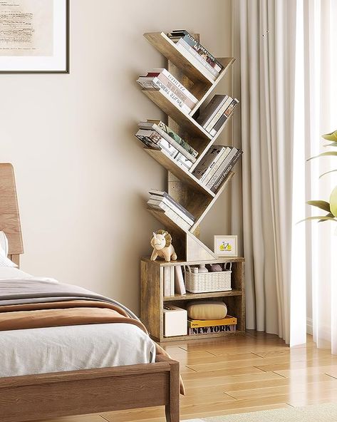 https://amzn.to/47WCevV Narrow Bookshelves, Standing Book Shelf, Tree Bookshelf, Small Bookcase, Rustic Brown, 4 H, Storage Cabinet, Bookcase, Bedroom