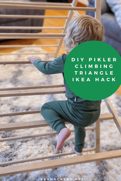 How to DIY an affordable Pikler Triangle: An IKEA Hack. Turning an IKEA crib into a climbing triangle. Kids Climbing Triangle, Diy Pikler Triangle Plans, Pickler Triangle Diy, Diy Toddler Climbing Structure, Diy Climbing Toys For Toddlers, Ikea Crib Hack, Ikea Montessori Hacks, Diy Pikler Triangle, Ikea Crib