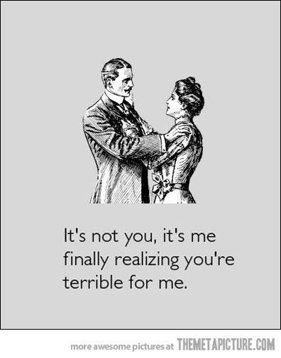 It's not you, it's me finally realizing you're terrible for me. Funny Breakup Memes Hilarious, Exboyfriend Get Over Quotes, Breakup Humor Memes, Moving On Meme, Funny Break Up Memes Humor, Quotes For Breakup, Funny Breakup Quotes, Breakup Memes, Breakup Humor