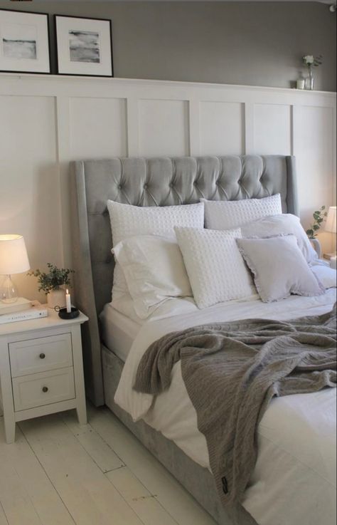 Green And Grey Panelling Bedroom, Bedroom Panelling Grey Bed, Bedroom With Panel Walls, White Panelling Bedroom, Master Bedrooms Decor Grey Headboard, Grey Panelling Bedroom, Half Wall Paneling Ideas Bedroom, Panel Wall Bedroom, Taupe And Grey Bedroom