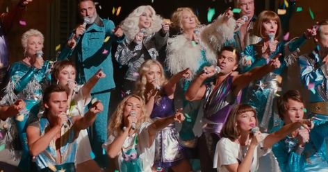 An oral history of the inexplicably star-studded, hallucinogenic ending of Mamma Mia: Here We Go Again. Mamma Mia Cast, Mamma Mia 2, Christine Baranski, Greg Berlanti, Richard Curtis, Super Troopers, Julie Walters, Andy Garcia, Here We Go Again