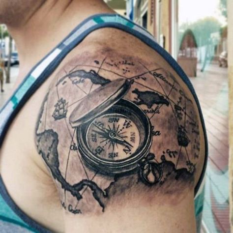 Top Shoulder Tattoo for Men Compass Shoulder Tattoo, Mens Shoulder Tattoo Ideas, Upper Shoulder Tattoo Men, Top Of Shoulder Tattoo, Australia Tattoo, Tatoo 3d, World Map Tattoos, Tattoo Shoulder, Polynesian Tattoos