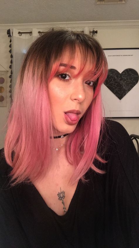 pink hair and bangs 💕 Hot Pink Bangs Brown Hair, Bottom Half Pink Hair, Pink Ombre Hair With Bangs, Pink Hair Streaks With Bangs, Pink Balayage With Bangs, Dark Pink Hair With Bangs, Tips Of Bangs Dyed, Pink Money Piece Hair With Bangs, Bangs With Colored Hair