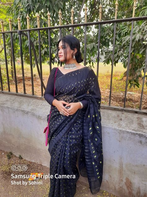 Black Bohemian Cotton Saree, Black Cotton Silk Pre-draped Saree For Festivals, Bollywood Style Black Cotton Silk Pre-draped Saree, Black Bollywood Handloom Pre-draped Saree, Traditional Black Tussar Silk Pre-draped Saree, Black Saree, Saree, Black