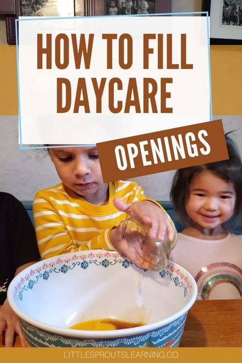 Two kids making a recipe at the table. One is pouring eggs into the bowl while the other one watches. Childcare Advertising Ideas, The Learning Experience Daycare, Daycare Marketing Ideas, Daycare Grand Opening Ideas, In Home Childcare Setup, Home Daycare Setup Living Room, Daycare Advertising, In Home Daycare Set Up, Small Home Daycare Setup