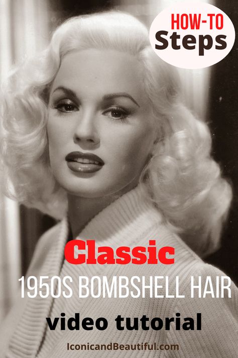 photo of 1950s blonde bombshell movie star with text that reads how to steps for classic 1950s bombshell hair, video tutorial Bombshell Hair Tutorial, 1950s Hairstyles For Long Hair, 1950’s Hairstyles, Bombshell Hairstyle, Vintage Hollywood Hair, 1950s Hair And Makeup, 1950’s Hair, Hollywood Hairstyle, Hollywood Glamour Hair