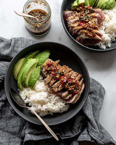 Easy, healthy, and SO fast to put on the table -- Asian-inspired Sesame Seared Tuna Steaks! Drizzle Korean Dipping Sauce all over for the ultimate, 15-minute meal. Seared Ahi Tuna Steak, Korean Dipping Sauce, Sesame Seared Tuna, Ahi Tuna Steaks, Sesame Crusted Tuna, Seared Tuna Steaks, Seared Ahi Tuna, Ahi Tuna Steak, Tuna Steak Recipes