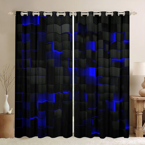 PRICES MAY VARY. Curtain Set : Set includes 2 panels of 38 Wx54 L inch each,Machine washable in gentle cycle and cold water,do not bleach,Warm iron and tumble dry at low temperatures Grommet Construction : Each curtain panel has Silver Plastic grommets on top,Each grommet inner diameter is 1.8 inch and outer diameter is 2.7 inch,comparable with most rods,Easy to hang, and slide smoothly Great Present : The modern fashion novelty window curtain designed for adult, kids,It also can be used as a Pr Navy Blue Boys Bedroom, Royal Blue Curtains, Boys Curtains, Window Curtain Designs, Men Bedroom, Bedroom Neon, Neon Abstract, Light Blocking Curtains, Mens Bedroom