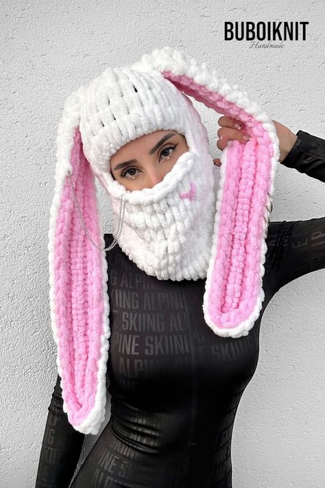 Bunny Ear Balaclava, Handmade Mask, Crochet Mask, White Bunny, Ski Fashion, Crochet Bear, Diy Crochet Projects, Crochet Bunny, Bunny Ears