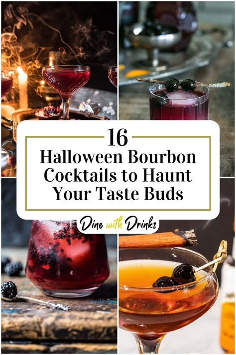 Collage of 4 halloween bourbon cocktails. Grenadine Recipe Cocktails, Halloween Whiskey Drinks, Drinks With Bourbon, Drinks With Grenadine, Halloween Whiskey, Chambord Cocktails, Grenadine Cocktail, Halloween Alcohol, Halloween Themed Drinks