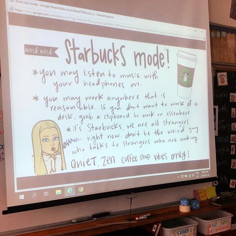 Mme O'Neill on Instagram: “Starbucks mode!☕️ • something new we’re trying out in class during independent work periods! Starbucks mode sounds way more fun than…” Starbucks Classroom, Minecraft Ocelot, Ks2 Classroom, Class Rewards, Teaching Classroom Management, Classroom Goals, High School Classroom, Year 5, Independent Work