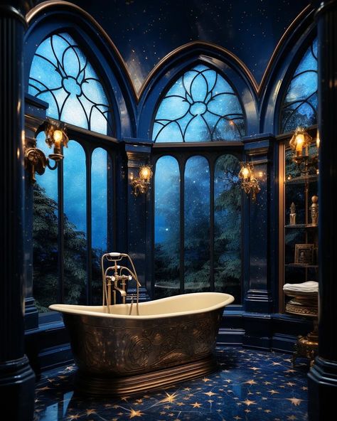 A tour through a Ravenclaw Inspired Mansion 🛋🐦‍⬛🔵🏔✨️ Hogwarts Bathroom, Castle Dark, Gothic Bathroom, Dark Luxury, Ravenclaw Aesthetic, Ravenclaw House, Fantasy Rooms, Heaven Art, Dark Home Decor