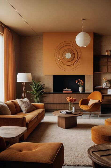 Modern 70s Living Room Ideas 70s Lounge Aesthetic, 1970s Furniture Living Rooms, Retro Minimalist Living Room, 70s Modern Interior Design, Vibey Decor, Retro Living Room 1970s, 70s House Aesthetic, Modern 70s Living Room, 70s Aesthetic Home