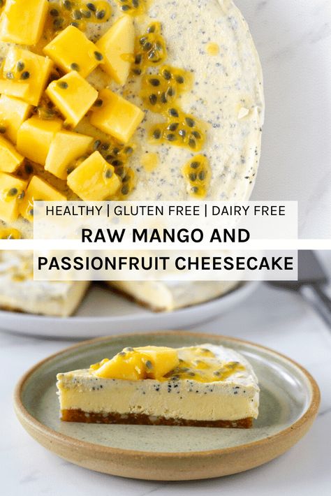 Mango and Passionfruit Cheesecake Mango And Passionfruit, Raw Vegan Cheesecake, Passionfruit Cheesecake, Raw Cheesecake, Healthy Cheesecake, Raw Vegan Desserts, Raw Cake, Raw Mango, Savory Cakes