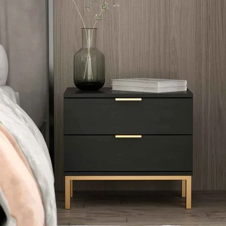 Everly Quinn Kavalli 2 - Drawer Steel Nightstand in Black | Wayfair Sleek Modern Nightstand, Bedside Dresser Modern, Nightstand Modern Design, Black Night Table, Mid Century Modern Bedroom Nightstands, Black And Gold Bedside Table, Black And Brass Bedroom, Guest Room Inspiration Modern, Bedside Table Ideas Black