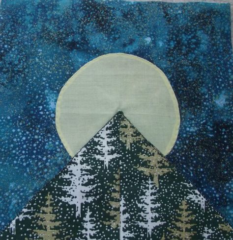 Moon over Mountain  Solstice exchange block Mountain Quilt Block, Masculine Quilts, Mountain Quilt, Mountain Quilt Pattern, Quilt Stars, Tree Quilts, Block Quilts, Art Quilting, Mountain Quilts