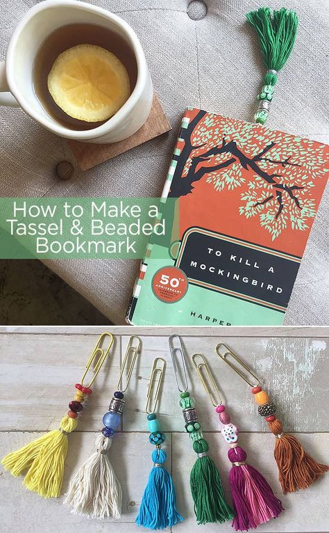 How to Make a Tassel and Beaded Bookmark #diygifts #tassels #teachergifts Bookmark Tassle Ideas, Yarn Tassel Bookmarks Diy, Fun Bookmarks Diy, Beaded Bookmarks How To Make, Bookmark Charms Diy, Bead Bookmark Diy, Diy Bookmarks To Sell, Wood Bookmarks Diy, Tassel Bookmark Diy